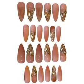 Gold Glitter French Tips Press on Nails Long Almond Fake Nails with 5D Rhinestones Design Sparkly Stick on Nails Glossy Skin Tones False Nails Full Cover Glue on Nails for Women Girls Manicure 24Pcs