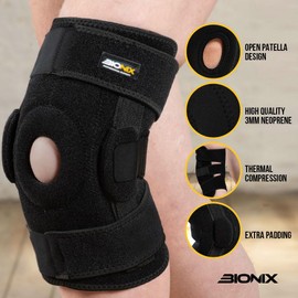 Bionix Hinged Knee Brace - Ideal for Tendonitis, Arthritis, ACL, Sprains, Ligament Injury - Adjustable 3 Straps, Open Patella for Patellar Tracking Runners Knee Support (Black, Small)