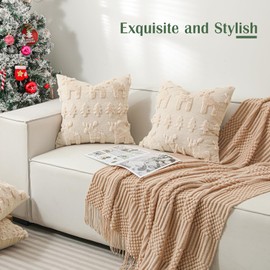 Lewondr Christmas Throw Pillow Cover 18x18, Set of 2 Super Soft Faux Fur Pillow Covers Velvet 3D Christmas Tree Reindeer Embroidery Square Throw Pillowcase for Living Room Bed Sofa Home Decor, Oatmeal