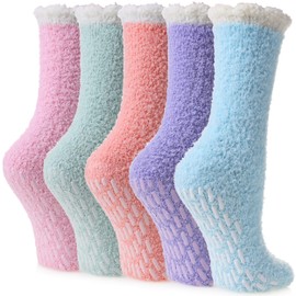 Yebing Non Slip Hospital Socks for Women with Grips Fuzzy Cozy Anti Skid Slipper Socks Winter Warm Soft Fluffy Sleep Socks 5 Pairs Non Slip Rainbow B