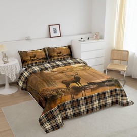 Manfei 3D Deer Comforter Set King Size, Wildlife Hunting Theme Wild Animal Print Bedding Set 3pcs for Kids Boys Teens Bedroom Decor, Champagne Plaid Print Quilt Set with 2 Pillowcases