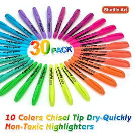 Shuttle Art Shuttle Art Textmarker, 30 bunte Textmarker mit 10 Farben, schnelltrocknend, ungiftig, Textstifte mit leuchtenden Farben und Meißelspitze, geeignet für Erwachsene und Kinder, ideal für Zuhause