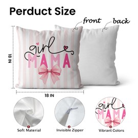 M-Qizi Coquette Pink Bow Girl Mama Pillow Covers 18x18, Mama Mom Mother's Day Birthday Gifts from Daughters, Girl Mom Gifts Throw Pillow Covers