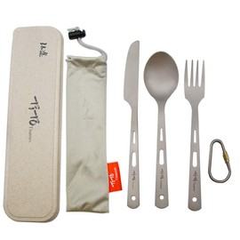 TiTo Titanium Cutlery Set Outdoor Camping Ultra Lightweight Tableware Spoon Knife Spork for Backpacking, Hiking, Travel, Home with Box and Cloth Bag (3pcs set)