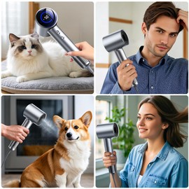 Hair Dryer, Professional high Speed Ionic Hair Care for Pets (Cats and Dogs), Women and Men, Fast Drying, Must Have for Home, Office, Outdoor, Travel, Low Noise Hair Dryer, Gifts (Gray Silver)