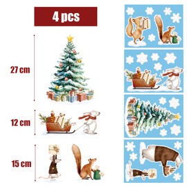 4 Sheets Christmas Window Stickers Watercolour Christmas Scene Double Sided Snowflake Window Clings Reusable Animal Glass Sticker for Xmas Window Decor