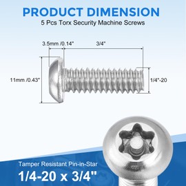 uxcell 5Pcs Torx Security Machine Screws, 1/4-20 x 3/4" 304 Stainless Steel Tamper Resistant Button Head Screws Bolt Full Thread for Anti-Theft Tamper Proof, Silver Tone