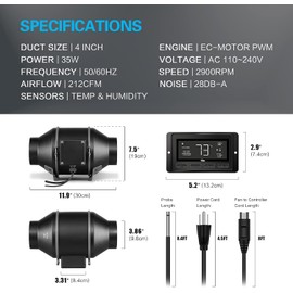 iPower 4" Smart Inline Duct Fan with Humidity Temperature Control via Bluetooth and WiFi App, Air Carbon Filter with 8 Ft Ducting and Rope, HVAC for Grow Tent Ventilation