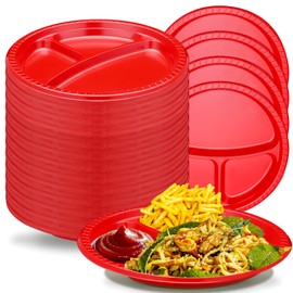 Umigy 100 Pcs 10 Inch 3 Compartments Divided Plastic Plates Bulk, Colorful Disposable Plates Heavy Duty Round Dinner Plates for Valentine's Day Wedding Birthday Party Dinnerware(Red)
