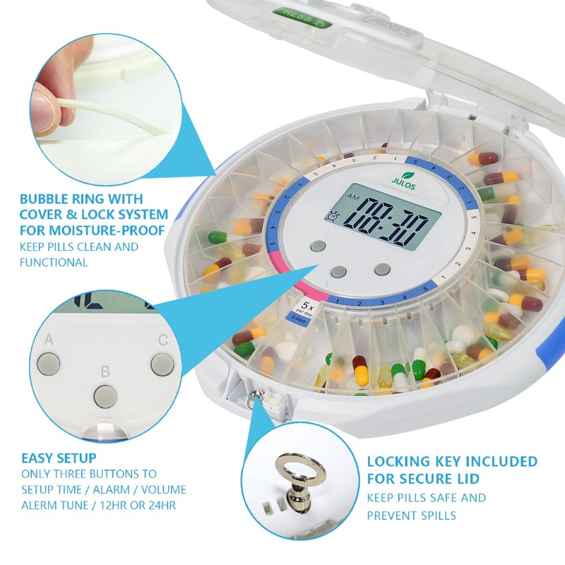 JULOS Bluetooth Automatic Pill Dispenser with Sound/Light/App Alerts for Seniors,