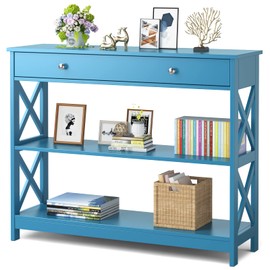 KOTEK Console Table with Drawer and Storage Shelves, Narrow Sofa Table for Living Room, Easy Assembly, 3-Tier Entryway Table with Storage for Hallway (Blue)