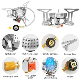 3500W Windproof Camping Gas Stove,Suturun Portable Outdoor Camping Furnace,Backpacking Gas Stove Collapsible with Piezo Ignition,Lightweight Outdoor Camping Stove for Hiking,Picnic,Trekking,BBQ