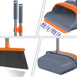 Broom and Dustpan Set, Long Handle Sweep Combo for Home Office Kitchen Lobby Shop,Upright Dustpan,4 Row of Dense Bristles Sweeper Broom,Indoor&Outdoor Cleaning,Stand Up Broom Dust pan Set,Gray&Orange