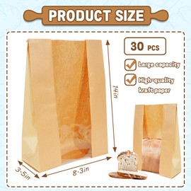 30 Pack Kraft Paper Bread Loaf Bag with Clear Front Window,Brown Bakery Cookie Food Coffee Storage Packaging Treat Bag (14" x 8.3" x 3.5")