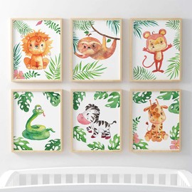 Pompom Prints® Jungle Safari Animal Nursery Picture Prints A4 Poster for Baby Boy or Girl [Picture Frames NOT Included] (Lion, Sloth, Monkey, Snake, Zebra Giraffe) (6 set - All Animals)