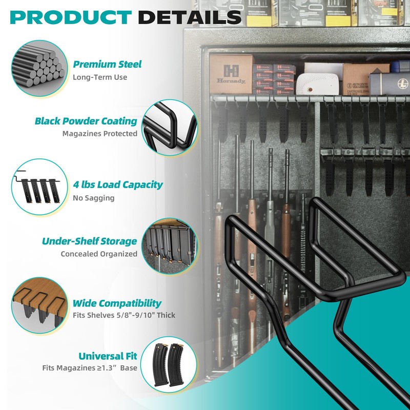 Under Gun Safe Shelf Magazine Holder, Universal Pistol Magazine Holder