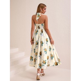 Parthea Women's Summer Midi Dress Smocked Floral Halter V Neck Sundress Elegant Flowy A Line Beach Long Dresses