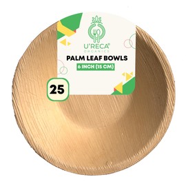 U'reca Organics Eco-Friendly Palm Leaf Bowls | 6" (15 cm) Round Bowl - Pack of 25 | Disposable, Compostable & Biodegradable Dinnerware | Perfect for Soups, Pasta, or Salads