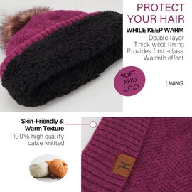 Womens Winter Beanie Hats Long Scarf Neck Touchscreen Gloves Set Knitted Pompom Cap with Thermal Fleece Lined