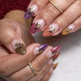 Fall Press on Nails Short Almond False Nails Pink Glossy Designs Pumpkin French Nails Sparkly Thanksgiving Acrylic Nails Full Cover Glue on Nails for Women Autumn Manicure 24 Pcs