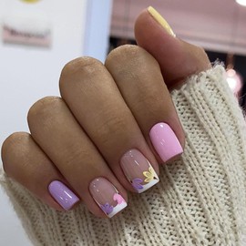 Press on Nails Medium Square Fake Nails White French Tip Acrylic Nails Purple & Yellow Full Cover Nails Press ons Flowers Artificial Sweet Manicure Set for Women 24 Pcs