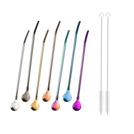 KAIAIWLUO Straw Spoon, 7 Pieces Straw Spoons for Slush + 2 Pieces Cleaning Brush Stainless Steel Straws with Spoons Reusable Metal Coffee Straws for Smoothies Milkshakes Cocktail