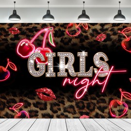 Ufeela Girls Night Backdrop 7Wx5H Feet Leopard Print Neon Red Cherry Lips Birthday Decor Vintage Cheetah Fashion Woman Girly Fabric Polyester Photography Background Banner Photo Shoot Decor Prop