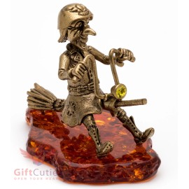 Russian Solid Brass Amber Figurine Baba Yaga biker witch flying broom IronWork