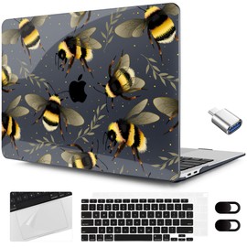 MEEgoodo for MacBook Air 13.3 inch Case 2021 2020 2019 2018 A2337 M1 A2179 A1932, Laptop Shell with Keyboard Webcam Cover & Trackpad Film & Type C Adapter for MacBook Air M1, Bumblebee & Leaves