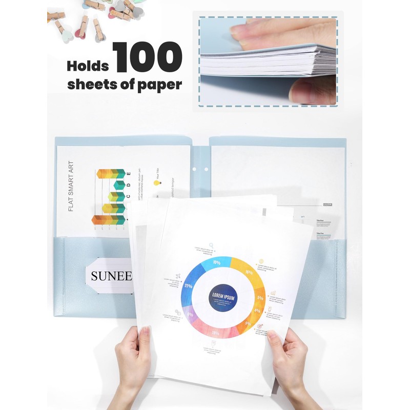 SUNEE 3 Hole Pocket Folders (6 Pack, Pastel Color), Plastic