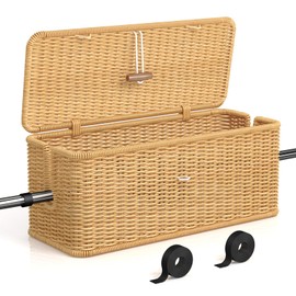 Handmade Cable Management Box, Rattan Cable Organizer Cords Hider Box, Open Slots Cords Hider Box with Locked Cover, Desk Cord Organizer Box for TV Wires Computer Router USB & Power Strip (Natural)