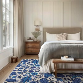 EVERGRACE Area Rugs for Living Room 6x9, Boho Floral Faux Wool Indoor Outdoor Rugs, Washable Rugs for Bedroom Dining Room Entryway Kitchen, Low Pile Floor Mat Carpet for Home Decor, Celtic Blue