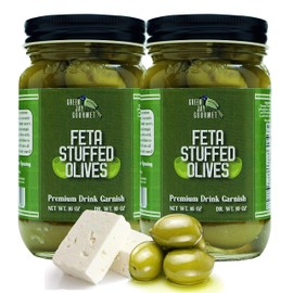 Green Jay Gourmet Feta Cheese Stuffed Olives – Cheese Stuffed Green Olives for Cocktail Garnish & Cheese Board – Dirty Martini Olives – Gourmet Olives – All Natural – Large – 2 x 16 Ounces