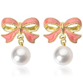 Bow Pearl Dangle Earrings for Women Pink Bow Stud Earrings Elegant Bowknot Drop Earring for Teen Girl Lovely Party Wedding Accessories Ornaments for Women Girls Trendy Statement Earrings