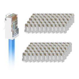 VCE UL Listed Cat6 Sheiled RJ45 Pass Through Connectors Paquete de 100 unidades, RJ45 8P8C Cat 6/Cat 5e Conector End 3 Prong Ethernet Conector modular chapado en oro para cable de red STP/FTP sólido o
