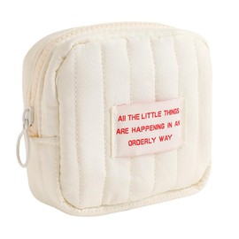 TUCEWP Small Makeup Bag Quilted Travel Cosmetic Organizer Bag White Square Pouch with Zipper Cute Preppy Portable Toiletry Bag for Purse Aesthetic Mini Storage Bag for Women Girls Kids Mama Gift