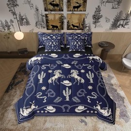 Manfei Western Navy Comforter Set Full,Rustic Cowboy Horseshoe Tribal Texas Star Bedding Set,Retro Farmhouse Rope Horses Cactus Bed Set 7 Pieces(Comforter+Fitted+Flat Sheet+Pillowcase+Pillow Cover)