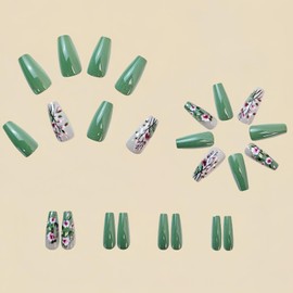 Flower MIXFOSAHN Press on Nails Medium Coffin Fake Nails Green False Nails with Pink Floral Designs Glossy Full Cover Stick on Nails Glue on Nails Flower Nails Acrylic Nails for Women Girls 24 Pcs