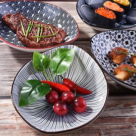 BOSILI Porcelain Dinner Plate Set of 4 Large Japanese Plates Serving for Fruit Salad Dish 8 Inch Blue White Patterns Ship