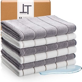 Tempery - Microfibre Tea Towels - Set of 6 Premium Quality Tea Towels Grey 40 x 65 cm Grey and White 380 GSM - Original & Extremely Absorbent Multi-Purpose Microfibre Kitchen Towels