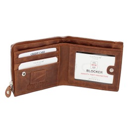 TOPSUM LONDON Mens RFID Blocking Billfold Genuine Leather Zipper Wallet 4017 Tan