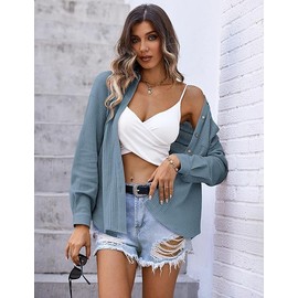 HOTOUCH Waffle Knit Shacket Collared Button Down Shirt for Women Work Office Loose Spring Tops with Pocket Clear Blue M