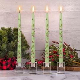Scandinavian Tall Candle 10 in Green Printed Taper Candles Hand Printing Candlesticks Unscented Smokeless Tapered Candle Sticks for Home Decor Rustic Wedding Simple Modern, 4 Pack