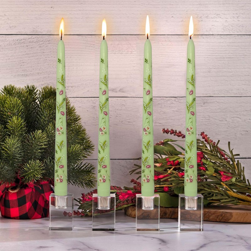 Scandinavian Tall Candle 10 in Green Printed Taper Candles Hand