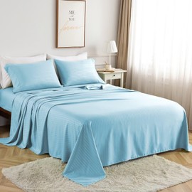 SIGF 4 Pieces Queen Microfiber Sheets Set, Breathable and Soft Bed Sheets with Deep Pocket, Double Brushed Sky Blue Embossed Sheets