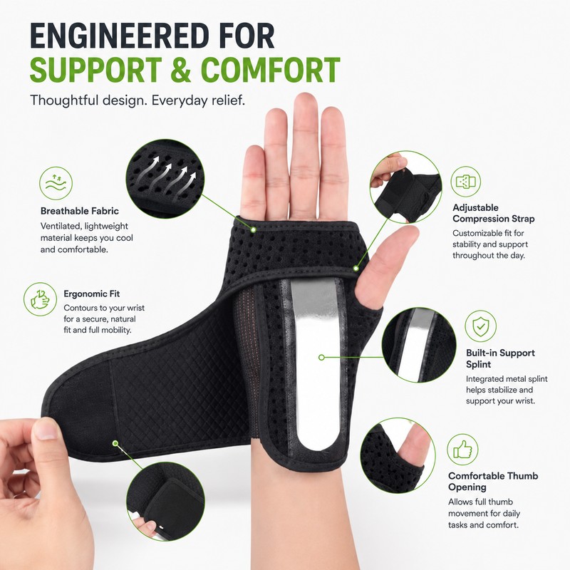 Adjustable Wrist Brace for Hand Support – Breathable Night Splint