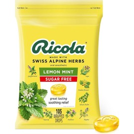 Ricola Sugar Free Lemon Mint Herbal Cough Suppressant Throat Drops, 105ct Bag