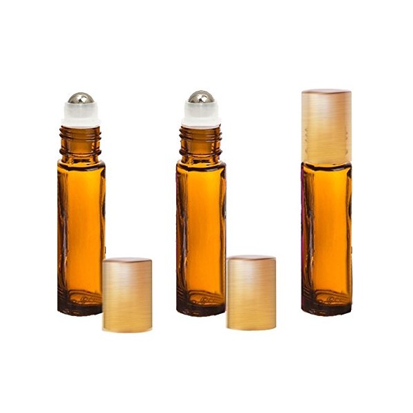 Grand Parfums Colored Glass Aromatherapy 10ml Rollon Bottles with Stainless Steel Roller and MATTE GOLD CAPS (12 Sets, Amber)