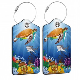 2 Pack Sea Turtle Luggage Tag for Suitcases Sharks Ocean Fishes PU Leather Bag Travel Suitcase ID Identifier Baggage Tags for Women Men Travel