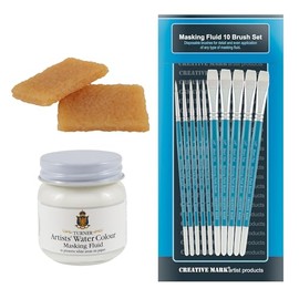 Jerry's Artarama Masking Fluid for Watercolor Painting Kit with 40ml Bottle, 10 Synthetic Brush Set, 2 Rubber Cement Pick Ups; Precise Detail, Easy to Remove